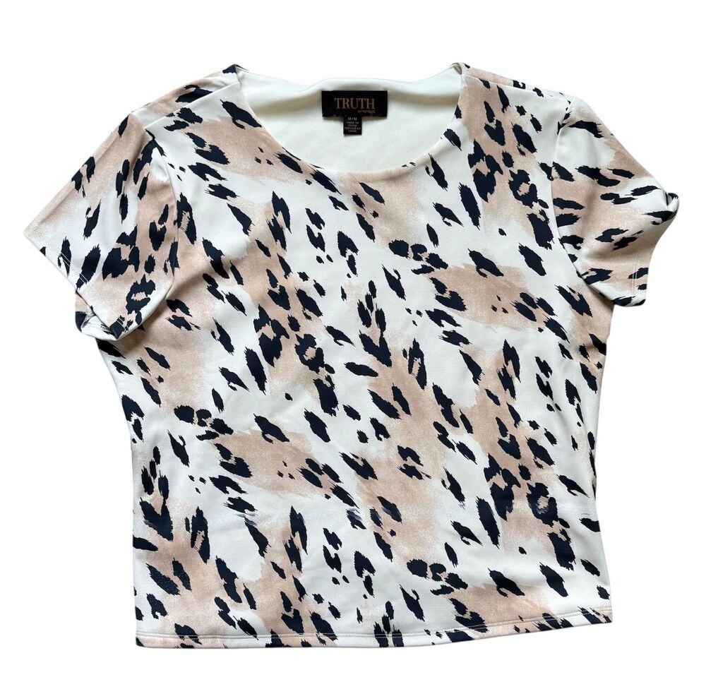 TRUTH By Republic Blouse Womens Medium White Black Print Crew Neck Basic